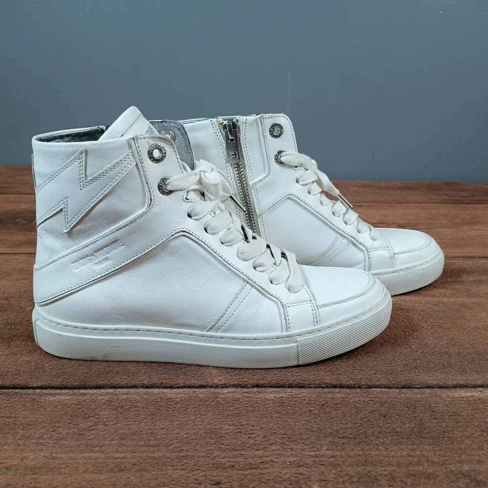 Zadig & Voltaire Paris White Leather High Top Sneakers Zip Lightning Bolt size37